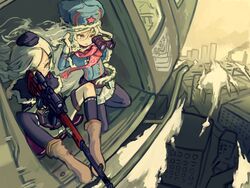  2girls aiming aircraft binoculars boots capelet dragunov_svd fur_hat girls&#039;_frontline griffin_&amp;_kryuger gun hat helicopter highres holding holding_gun holding_weapon long_hair makarov_(girls&#039;_frontline) multiple_girls outdoors panties pantyhose pleated_skirt red_eyes red_scarf rifle scarf scope shitoshine skirt sniper_rifle svd_(girls&#039;_frontline) thighhighs underwear ushanka weapon white_hair white_panties 