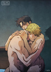  2boys arm_hair artist_name bara black_hair blonde_hair blush chest_hair closed_eyes closed_mouth completely_nude couple cris_art hand_on_another&#039;s_ass hug hulkling leg_hair looking_at_another male_focus marvel multiple_boys muscular muscular_male mutual_hug nipples nude pectorals short_hair thick_thighs thighs tumblr_username wiccan yaoi 