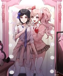  16_(0xhsk16) 2girls :d alternate_costume black_hair blue_bow blue_eyes blue_necktie bow breasts brown_skirt clothes_around_waist commentary_request danganronpa:_trigger_happy_havoc danganronpa_(series) enoshima_junko hair_ornament hairbow hands_on_another&#039;s_shoulders highres ikusaba_mukuro korean_commentary long_hair long_sleeves medium_breasts mirror monokuma multiple_girls necktie open_mouth pink_hair plaid plaid_skirt protected_link red_nails school_uniform shirt short_hair siblings sisters skirt sleeves_rolled_up smile stuffed_animal stuffed_toy sweatdrop sweater sweater_around_waist teddy_bear teeth twintails unworn_shirt unworn_skirt upper_teeth_only white_shirt 