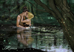  1boy 1boy1girl 1girls black_hair blonde_hair canon_couple closed_eyes couple female forest fully_clothed kissing lake male male/female male_with_female nara_shikamaru naruto naruto_(series) naruto_shippuden nature outdoors partially_submerged ramachan romantic romantic_couple temari 