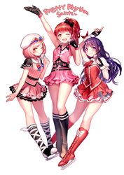  3girls ;) ;d ageha_mia ayase_naru beret commentary_request furrowed_brow gloves grin harune_aira hat irua long_hair microphone multiple_girls one_eye_closed open_mouth pink_hair pretty_rhythm pretty_rhythm_aurora_dream pretty_rhythm_dear_my_future pretty_rhythm_rainbow_live pretty_series purple_eyes purple_hair red_eyes red_hair short_hair side_ponytail skate skates skirt smile 