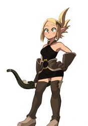  bad_id bad_twitter_id blonde_hair blush bow_(weapon) cra_(wakfu) dress evangelyne_(wakfu) female freckles green_eyes hand_on_own_hip highres horikoshi_kouhei pointy_ears short_dress solo wakfu weapon wide-eyed 