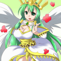  angel_wings breasts ceres_(p&amp;d) cleavage cleavage_cutout clothing_cutout commentary_request crown dress feathered_wings female flower gradient_background green_background green_eyes green_hair hair_tubes hand_on_breast heart ichigoya_(mazikayu) jewelry large_breasts long_hair long_sleeves multicolored_background open_mouth petticoat pointing puzzle_&amp;_dragons red_flower simple_background smile solo white_background white_dress white_wings wings 