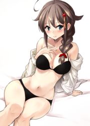  ahoge alternate_breast_size black_bra black_hair black_panties blue_eyes blush bra braid breasts commentary_request female hair_flaps hair_ornament hair_over_shoulder hand_on_own_chest highres kantai_collection kuzu_(miduhana) large_breasts long_hair navel off_shoulder panties shigure_(kancolle) shigure_kai_ni_(kancolle) single_braid solo underwear 