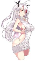  :q adjusting_clothes alternate_costume antenna_hair aoi_takeru armpits azur_lane bare_back blush breasts commentary cowboy_shot female finger_to_mouth groin hair_ribbon highres large_breasts long_hair looking_at_viewer looking_to_the_side meme_attire mole mole_on_breast multicolored_hair no_panties orange_eyes prinz_eugen_(azur_lane) ribbon sideboob simple_background solo teasing tongue tongue_out turtleneck two_side_up very_long_hair virgin_killer_sweater white_background white_hair 