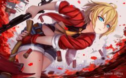  ascot axe blonde_hair blue_eyes commentary_request female fingerless_gloves gloves gun highres jacket original sekigan short_hair shorts shotgun shotgun_shell solo weapon 