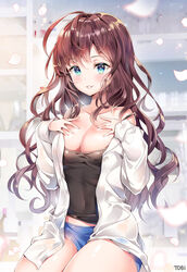  :3 :d ahoge artist_name bad_id bad_pixiv_id blue_eyes blue_shorts blush breasts camisole collarbone commentary_request covered_navel female hands_on_own_chest hands_up ichinose_shiki idolmaster idolmaster_cinderella_girls indoors lab_coat large_breasts long_hair open_mouth petals short_shorts shorts signature smile solo thighs tobi_(mue86) wavy_hair 