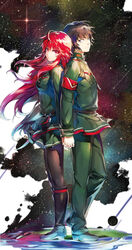  1boy absurdres back-to-back black_footwear boots brown_hair couple female full_body highres ikuta_sorouku interlocked_fingers knee_boots long_hair looking_at_viewer military military_uniform non-web_source official_art photoshop_(medium) red_eyes red_hair ryuutetsu scan short_hair smile standing star_(sky) straight tenkyou_no_alderamin uniform wind yatorishino_xam 