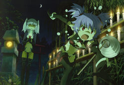  2girls absurdres altines black_legwear busou_shinki candle elbow_gloves flashlight fleeing from_ground gloves highres imageboard_desourced kimodameshi lantern moon multiple_girls night night_sky non-web_source nozaki_atsuko nyantype official_art open_mouth paper_lantern purple_hair red_eyes scan scared short_hair short_twintails sky stone_lantern strarf thighhighs torii twintails willow 