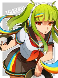  bad_id bad_pixiv_id beatmania_iidx female green_hair hair_ornament hairclip headphones hishimiya_tsugaru li_sakura multicolored_stripes rainbow red_eyes school_uniform serafuku solo striped two_side_up 