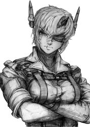  breasts commentary_request cosplay crossed_arms eyepatch female gloves graphite_(medium) greyscale headgear horns imizu_(nitro_unknown) kantai_collection large_breasts metal_gear_(series) metal_gear_solid_v:_the_phantom_pain monochrome scar scar_across_eye scar_on_face scar_on_mouth short_hair single_horn solo tenryuu_(kancolle) traditional_media venom_snake venom_snake_(cosplay) 