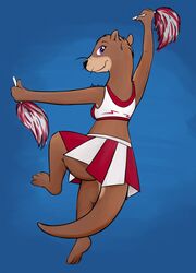  anthro ass blue_background bottomwear brown_body brown_fur butt_pose cheerleader clothed clothing crop_top female fur hi_res jumping kari_(monohors3) looking_back mammal mustelid noodlestoat otter pom_poms pose purple_eyes raised_arm shirt simple_background skirt solo topwear whiskers 