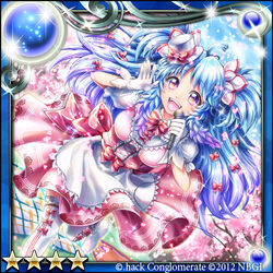  .hack// 2012 :d bint_(guilty_dragon) blue_hair bow commentary_request dress female gloves guilty_dragon hairbow hat idol kazura_enji long_hair microphone mini_hat mini_top_hat multiple_hair_bows open_mouth pink_dress pink_eyes smile solo star_(symbol) thighhighs top_hat two_side_up waist_bow white_thighhighs 