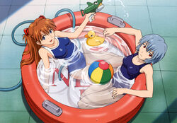  2girls ayanami_rei highres multiple_girls neon_genesis_evangelion pool soryu_asuka_langley swimsuit wading_pool water_gun watergun 