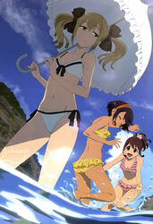  3girls :d ^_^ absurdres ass back bandeau barefoot bikini black_eyes black_hair bow breasts caustics cleavage closed_eyes cloud daitoku_junna day dutch_angle frilled_bikini frills front-tie_bikini_top front-tie_top frown grey_eyes grey_hair groin hair_between_eyes hair_ornament hairband hairbow happy high_ponytail highres holding knees_together_feet_apart koujiro_frau laughing leg_up legs multiple_girls navel nyantype ocean official_art open_mouth outdoors over_shoulder parasol ponytail purple_bikini robotics;notes scan senomiya_akiho shade short_hair short_ponytail short_twintails side-tie_bikini_bottom sky small_breasts smile splashing standing striped_bikini striped_clothes swimsuit tan tanlines twintails umbrella wading water white_bikini 