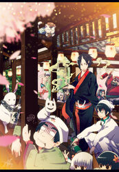  3girls 6+boys architecture bad_id bad_pixiv_id beard black_eyes black_hair bottle character_request club_(weapon) east_asian_architecture enma_daiou_(hoozuki_no_reitetsu) facial_hair feline flower hair_flower hair_ornament hakutaku_(hoozuki_no_reitetsu) hoozuki_(hoozuki_no_reitetsu) hoozuki_no_reitetsu ichiko_(hoozuki_no_reitetsu) japanese_clothes kanabou karashi_(hoozuki_no_reitetsu) karauri_(hoozuki_no_reitetsu) kimono kiseru koban_(hoozuki_no_reitetsu) letterboxed momotarou_(hoozuki_no_reitetsu) multiple_boys multiple_girls nasubi_(hoozuki_no_reitetsu) niko_(hoozuki_no_reitetsu) okou_(hoozuki_no_reitetsu) photoshop_(medium) rabbit sake_bottle smoking_pipe spiked_club topless_male weapon yadokugaeru 