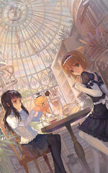  2girls :d analog_clock animal antenna_hair armillary_sphere bird black_dress black_hair black_legwear black_skirt blunt_bangs bob_cut book book_stack bookshelf bow bowl brown_hair cardcaptor_sakura chair chocolate clock closed_mouth cloud commentary_request conservatory cookie cream daidouji_tomoyo dome dress dutch_angle food frilled_dress frilled_shirt frills from_below glass glass_teapot globe green_eyes hair_ribbon hairband hat heart highres holding holding_food ice_cream indoors juliet_sleeves kero_(cardcaptor_sakura) kerosene_lamp kinomoto_sakura lantern layered_sleeves leaf legs_together long_hair long_sleeves looking_at_viewer looking_back mini_hat mini_top_hat multiple_girls neck_ribbon open_mouth paku palm_tree pantyhose parfait photoshop_(medium) plant puffy_short_sleeves puffy_sleeves purple_eyes ribbon roman_numeral sash shirt short_hair short_over_long_sleeves short_sleeves sitting skirt sky skylight skylight_(architecture) smile sundae table teapot top_hat transparent tree wafer_stick whipped_cream white_bow white_legwear white_ribbon white_shirt 