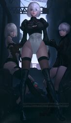  1boy 2b_(nier:automata) 2girls 9s_(nier:automata) a2_(nier:automata) absurdres ass_visible_through_thighs bad_id bad_pixiv_id black_legwear blue_eyes boxer_briefs breasts cleavage cleavage_cutout clothing_cutout dirty elbow_gloves feather-trimmed_sleeves gloves hair_over_one_eye highres leotard looking_at_viewer male_underwear medium_breasts mole mole_under_mouth multiple_girls nier:automata nier_(series) no_pants puffy_sleeves sitting smile standing thaumazo thigh_gap thighhighs underwear white_hair 