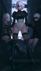  1boy 2b_(nier:automata) 2girls 9s_(nier:automata) a2_(nier:automata) absurdres ass_visible_through_thighs bad_id bad_pixiv_id black_blindfold black_legwear blindfold blue_eyes boxer_briefs breasts cleavage cleavage_cutout clothing_cutout covered_eyes dirty elbow_gloves feather-trimmed_sleeves gloves hair_over_one_eye highres leotard looking_at_viewer male_underwear medium_breasts mole mole_under_mouth multiple_girls nier:automata nier_(series) no_pants puffy_sleeves sitting smile standing thaumazo thigh_gap thighhighs underwear white_hair 