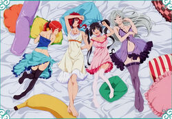  4girls :d absurdres arm_up armpits ass babydoll banana-shaped_pillow barefoot black_hair black_legwear blonde_hair blue_eyes breasts camisole chemise choker cleavage closed_eyes collarbone dimples_of_venus dungeon_ni_deai_wo_motomeru_no_wa_machigatteiru_darou_ka eyepatch freya_(danmachi) full_body grey_hair hand_to_own_mouth hephaistos_(danmachi) hestia_(danmachi) highres large_breasts lingerie loki_(danmachi) long_hair lying medium_breasts multiple_girls navel negligee nightgown on_back on_stomach open_mouth panties parted_lips photoshop_(medium) pillow purple_eyes purple_legwear purple_panties red_eyes red_hair scan see-through short_hair short_ponytail smile strap_slip string_panties thighhighs twintails underwear 