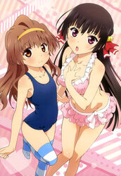  2girls :o absurdres bikini frilled_bikini frills hairband hand_on_own_chest highres himenokouji_akiko long_legs multiple_girls no_shoes nyantype official_art one-piece_swimsuit onii-chan_dakedo_ai_sae_areba_kankeinai_yo_ne sano_takao scan school_swimsuit striped_clothes striped_thighhighs swimsuit takanomiya_arisa thighhighs 