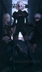  1boy 2b_(nier:automata) 2girls 9s_(nier:automata) a2_(nier:automata) absurdres bad_id bad_pixiv_id black_blindfold black_dress black_legwear blindfold blue_eyes breasts cleavage cleavage_cutout clothing_cutout covered_eyes dirty dress elbow_gloves feather-trimmed_sleeves gloves hair_over_one_eye highres looking_at_viewer medium_breasts mole mole_under_mouth multiple_girls nier:automata nier_(series) puffy_sleeves sitting smile standing thaumazo thighhighs white_hair 