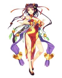  arm_ribbon bare_legs bell braid braided_bun brass_knuckles breasts china_dress chinese_clothes cleavage clenched_hand double_bun dragon_print dragon_tattoo dress female floating_hair full_body golden_fist_rin hair_bun hair_ornament hair_ribbon highres jingle_bell long_hair medium_breasts miemia official_art own_hands_together red_eyes ribbon rin_(royal_flush_heroes) royal_flush_heroes sleeveless solo spiked_knuckles tattoo transparent_background weapon 