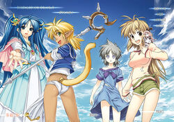  5girls animal_ears ass blonde_hair blue_dress blue_eyes blue_hair brown_eyes cat_ears cat_tail cloud commentary_request content_rating cover cover_page crossover dated day dewa_kimiko dina_(eiyuu_densetsu) doujin_cover dragon_slayer_(series) dragon_slayer_eiyuu_densetsu dress eiyuu_densetsu fam_(ruin_explorers) green_eyes grey_hair hikyou_tanken_fam_&amp;_ihrie hiyohiyo hoihoi-san ichigeki_sacchuu!!_hoihoi-san key_the_metal_idol loincloth long_hair looking_back mima_tokiko mini_person minigirl multiple_crossover multiple_girls pale_skin photoshop_(medium) pointy_ears short_hair shorts sky smile spiked_hair tail tan wand 