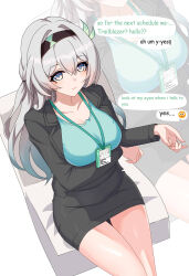  absurdres aqua_hair aqua_shirt black_hairband black_jacket black_skirt breasts cleavage collarbone comic_sans female firefly_(honkai:_star_rail) gradient_hair grey_hair hairband highres honkai:_star_rail honkai_(series) jacket lanyard large_breasts long_hair long_sleeves maxwelzy miniskirt multicolored_hair open_clothes open_jacket pencil_skirt shirt sitting skirt thighs very_long_hair zoom_layer 