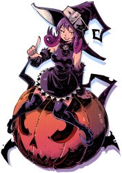  absurdres animal_ears bare_shoulders blair_(soul_eater) boots breasts detached_sleeves dress female halloween hat highres index_finger_raised jack-o&#039;-lantern large_breasts long_hair looking_at_viewer open_mouth pumpkin purple_hair simple_background sitting smile solo soul_eater thigh_boots thighhighs vakodraws white_background witch witch_hat yellow_eyes 