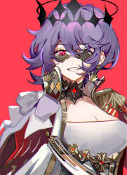  black_crown breasts crown female floating_crown girls&#039;_frontline glasses heituitui highres looking_at_viewer official_alternate_costume parted_lips purple_hair rectangular_eyewear red_background red_eyes short_hair simple_background smile solo teeth thompson_(girls&#039;_frontline) 