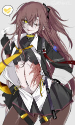  belt black_bow black_gloves black_pantyhose black_skirt blood blood_on_arm bow breasts burn_scar crossed_bangs female fire_low5996 girls&#039;_frontline girls&#039;_frontline_neural_cloud gloves grey_background grey_hair hair_between_eyes hairbow highres long_hair looking_at_another middle_finger navel necktie one_eye_closed one_side_up open_clothes open_shirt pantyhose parted_lips pleated_skirt scar shirt signature simple_background skirt small_breasts smile solo speech_bubble stitches thigh_belt thigh_strap ump45_(girls&#039;_frontline) very_long_hair white_shirt yellow_eyes yellow_necktie 