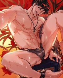  1boy abs arm_support belial_(granblue_fantasy) belial_(summer)_(granblue_fantasy) black-framed_eyewear black_feathers black_hair black_male_swimwear chair commentary cross-laced_clothes english_commentary eyewear_on_head feathers flower granblue_fantasy groin hair_between_eyes hibiscus highres jewelry looking_at_viewer male_focus male_swimwear muscular muscular_male necklace nipples open_mouth orange-tinted_eyewear oricalcon outstretched_arm pectorals plant rectangular_eyewear red_eyes red_flower short_hair sitting solo sunset swim_briefs teeth thighs tinted_eyewear toe_scrunch tongue tongue_out topless_male 