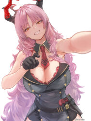  armpits bare_arms bare_shoulders belt black_dress black_gloves blue_archive breasts buttons cleavage cowboy_shot demon_horns detached_collar dress female gloves grin gun halo handgun highres holstered horns large_breasts long_hair looking_at_viewer marulire mauser_c96 mole mole_on_breast necktie orange_eyes outstretched_arm pink_hair satsuki_(blue_archive) short_necktie simple_background sleeveless sleeveless_dress smile solo v-shaped_eyebrows very_long_hair weapon white_background 