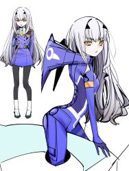  :&lt; absurdres black_pantyhose blue_bodysuit blue_dress blue_necktie bodysuit breasts buttons candy commentary_request cosplay darling_in_the_franxx double-breasted dress fate/grand_order fate_(series) female food forked_eyebrows full_body gradient_hair gradient_necktie grey_hair highres holding holding_candy holding_food holding_lollipop lollipop long_hair looking_at_viewer mecha_pilot_suit melusine_(fate) multicolored_hair necktie pantyhose simple_background tuukounin1 white_background white_hair yellow_eyes yellow_necktie zero_two_(darling_in_the_franxx) zero_two_(darling_in_the_franxx)_(cosplay) 