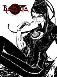  bayonetta bayonetta_(series) bayonetta_1 beehive_hairdo black-framed_eyewear black_gloves black_hair black_leotard breasts candy chains cleavage_cutout clothing_cutout crescent dark.h earrings elbow_gloves english_text female food glasses gloves holding holding_candy holding_food holding_lollipop jewelry leotard light_smile lipstick logo lollipop long_hair makeup mole mole_under_mouth monochrome sitting very_long_hair white_background white_gloves witch 