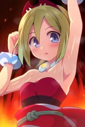  arm_up armpits blonde_hair blue_eyes blush bracelet breasts commentary_request curakuru female fire hairband hand_up highres irida_(pokemon) jewelry looking_down neck_ring open_mouth pokemon pokemon_legends:_arceus red_hairband sash shiny_skin shirt short_hair solo strapless strapless_shirt sweat 