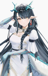  absurdres alternate_costume arknights black_hair blue_hair braid breasts cleavage cleavage_cutout clothing_cutout colored_extremities commentary cowboy_shot dragon_girl dragon_horns dragon_tail dress dusk_(arknights) eyes_visible_through_hair female grey_background hair_over_one_eye highres horns long_hair medium_breasts multicolored_hair ohagi_umeume parted_lips pointy_ears simple_background solo standing streaked_hair tail white_dress yellow_eyes 