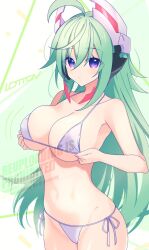  ahoge artist_name azure_striker_gunvolt bikini breasts cowboy_shot female green_hair gunvolt_chronicles_luminous_avenger_ix headgear highres large_breasts lololotton micro_bikini mother_(luminous_avenger_ix) roro_(gunvolt) side-tie_bikini_bottom solo swimsuit white_bikini 