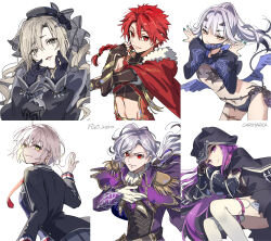  2boys 4girls alexander_(fate) bikini black_bikini black_cloak black_dress black_gloves black_jacket blue_nails blue_shrug braid braided_ponytail capelet carimarica cloak collage collar commentary_request dragon_tail dragon_wings dress edmond_dantes_(fate) fate/grand_order fate_(series) fingerless_gloves fingernails fish_bottle gloves grey_eyes grey_hair grin hair_between_eyes hand_up hands_on_own_face hands_up highres hood hood_up hooded_cloak jacket jeanne_d&#039;arc_alter_(avenger)_(fate) jeanne_d&#039;arc_alter_(fate) kriemhild_(fate) kriemhild_(first_ascension)_(fate) light_smile long_hair long_sleeves looking_at_viewer mask medusa_(fate) medusa_(lancer)_(fate) melusine_(fate) melusine_(swimsuit_ruler)_(fate) melusine_(swimsuit_ruler)_(first_ascension)_(fate) mouth_mask multiple_boys multiple_girls necktie ponytail purple_capelet purple_collar purple_eyes purple_hair red_eyes red_hair red_necktie simple_background smile swimsuit tail the_count_of_monte_cristo_(fate) thighhighs tongue tongue_out waving white_background white_thighhighs wings yellow_eyes 