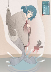  2girls animal_ears bare_shoulders blue_eyes blue_hair character_name cloritin fins fishing_hook fishing_rod head_fins highres imaizumi_kagerou japanese_clothes kimono mermaid monster_girl multiple_girls nihonga obi open_mouth sash silhouette tail touhou ukiyo-e wakasagihime wide_sleeves wolf_ears wolf_tail 