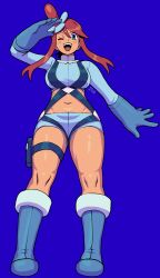  absurdres blue_eyes blue_footwear blue_gloves blue_shorts blush breasts crop_top cropped_jacket female gloves green_eyes hair_ornament highres large_breasts long_hair looking_at_viewer midriff navel one_eye_closed one_side_up pokemon pokemon_bw pouch red_hair short_hair_with_long_locks short_shorts shorts skyla_(pokemon) smile the_jieb thick_thighs thigh_pouch thighs 