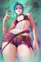  arcane:_league_of_legends arcane_jinx arm_tattoo asymmetrical_bangs baldur&#039;s_gate baldur&#039;s_gate_3 blue_hair braid breasts cloud_tattoo crop_top dungeons_&amp;_dragons female fingerless_gloves from_below gloves highres jinx_(league_of_legends) league_of_legends long_hair looking_at_viewer navel pants photo-referenced pink_eyes prywinko shorts shoulder_tattoo small_breasts solo striped_clothes striped_pants striped_shorts tattoo torn_clothes torn_pants twin_braids 