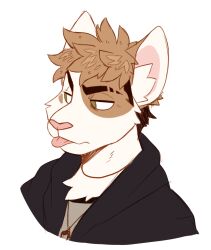  anthro biped black_clothing black_hoodie black_topwear blep brown_body brown_eyes brown_fur canid canine canis clothing domestic_dog fur headshot_portrait hoodie looking_away male mammal portrait serious_face solo toddnet tongue tongue_out topwear white_body white_fur 