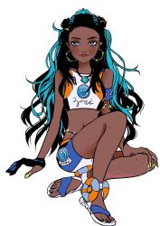  absurdres armlet black_hair blue_eyes blue_hair crop_top dark-skinned_female dark_skin earrings eyeshadow female hair_bun highres hoop_earrings jewelry long_hair looking_at_viewer makeup multicolored_hair navel necklace nessa_(pokemon) pokemon pokemon_swsh single_hair_bun smile solo two-tone_hair venerismater 