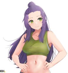  artist_logo bangs_pinned_back bare_arms bare_shoulders blush borrowed_character breasts closed_mouth collarbone commentary commission english_commentary female green_eyes green_sports_bra hair_bun hands_on_own_hips kebohan logo long_hair medium_breasts navel original purple_hair simple_background single_hair_bun smile solo sports_bra star_(starnight17) stomach upper_body white_background 