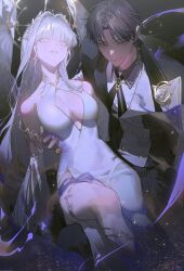  1boy black_hair black_suit blunt_bangs cigarettekixx cleavage_cutout clothing_cutout collared_shirt detached_sleeves dress feet_out_of_frame female hair_intakes halo hand_on_another&#039;s_waist head_wreath highres light_particles looking_at_viewer mole mole_under_eye original red_eyes shirt sidelocks smile suit vest white_dress white_eyes white_vest white_wings wings 