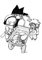  3boys aged_down animal_ears animal_hat cat_hat chinese_commentary commentary_request fake_animal_ears fake_tail full_body glasses greyscale hat heart_(organ) highres intestines lolicon male_focus monochrome multiple_boys noecho nyen_(randal&#039;s_friends) nyon_(randal&#039;s_friends) organs overalls randal&#039;s_friends randal_ivory short_hair simple_background tail wagon white_background 