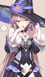  ... absurdres bare_shoulders black_dress black_hat black_sleeves blush breasts commentary_request covering_own_mouth detached_sleeves dress female grey_background grey_hair hat herta_(honkai:_star_rail) highres honkai:_star_rail honkai_(series) jewelry key key_necklace long_hair medium_breasts necklace purple_eyes solo spoken_ellipsis strapless strapless_dress the_herta_(honkai:_star_rail) upper_body wide_sleeves witch_hat yamato_(muchuu_paradigm) 