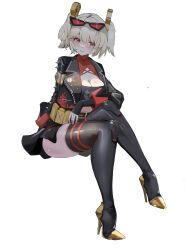  absurdres black_jacket black_skirt black_thighhighs black_tube_top blonde_hair boots breasts burnice_white cleavage commentary crop_top eyewear_on_head female high-waist_skirt high_heels highres invisible_chair jacket large_breasts looking_at_viewer open_clothes open_jacket orange_eyes red-tinted_eyewear revision simple_background sitting skirt smile smurtz solo strapless thigh_boots thighhighs tinted_eyewear tube_top twintails white_background zenless_zone_zero 